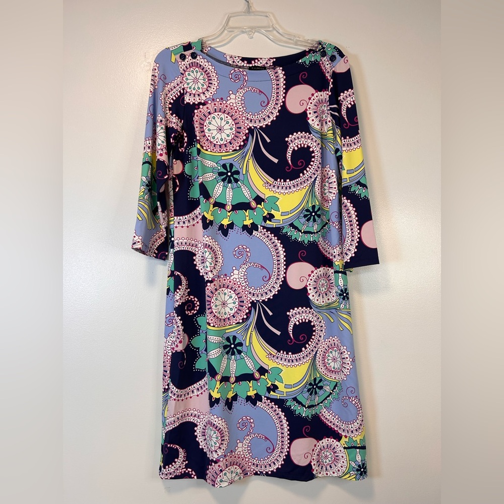 TALBOTS Jersey Shift Dress Spiral Paisley 3/4 sleeve knee length‎ Women’s Medium - Picture 2 of 10